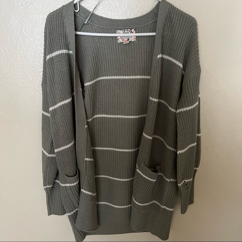 sage green striped open cardigan